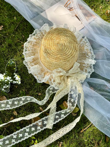Lolita Style Long Lace Butterfly Knot Straw Hat Womens Spring Summer Autumn Outing Sunshade Soft Girl Beach Large Brim Hat
