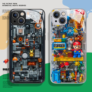 Case For iPhone 15 Pro Max 14Pro Glass Back Lens Protect Soft Frame Building Blocks Style 11Promax 12PROMax