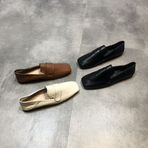 ZAZA Vintage Leather Shoes for Women Black Office Shoes Square Toe Korean Women Low Heel Soft Shoes