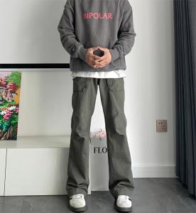 American Vibe Mens Slim Fit Casual Pants Green Grey Workwear Trousers with Multiple Pockets Youthful Trend Long Pants