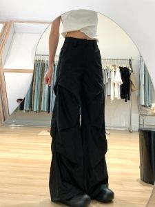 Quần Ống Rộng Cạp Cao Cho Nữ Dáng Rộng Phong Cách Công Sở Màu Đen Dài Gấp Cho Người Cao 175cm Quần Dài Thường Ngày