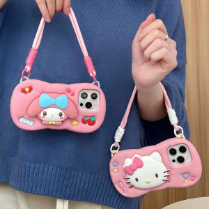 Sanrio | Kawaii Hello Kitty Melody Head Grip Tok Holder For iPhone 17 16 15 14 13 12 Pro Max Plus Silicone 17 Pro Back Cover with Lanyard
