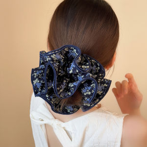 Luxurious Leaf Print Four Layer Edge Lock Hair Ties for Women Elegant Deep Blue Versatile Bun Hair Bands Satin Hair Accessories