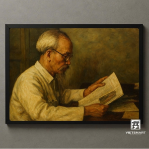 Tranh Nghệ thuật "Bác Hồ Đọc Tin Tức Ở Phủ Chủ Tịch" VIETSMART ART - Acrylic 45x 60cm