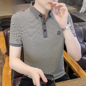 HENGYUANXIANG | Hengyuanxiang Mens Stripe POLO Shirt Short Sleeve Ice Silk Summer Fashionable City Style Half Sleeve T-Shirt Cool Feeling