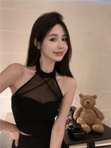 GUZILIAN | Áo vest không tay cổ treo lưới Pure Desire dành cho nữ Áo khoác ngoài gợi cảm bó sát ngắn mặc mùa xuân bằng vải tổng hợp