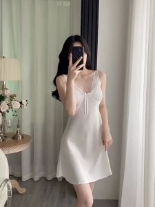 Summer New White Pajamas for Women with Chest Padded Ice Silk Deep V Suspender Sleeping Skirts Can Be Worn Externally