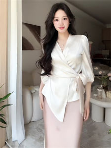 Elegant Sister Satin Shirt Skirt Set Two-Piece Long Sleeve V-Neck Fish Tail Dress Young Looking Fashionable Womens Outfit