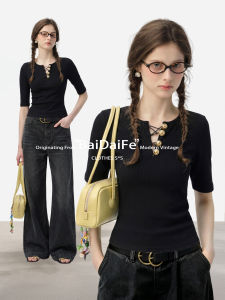BAIDAIFEI | Slim Fit V-Neck Knitted Short Sleeve T-Shirt