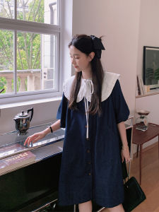 Retro Doll Collar Denim Dress Women Summer Sweet Ballet Style Mini Dress Korean Style Loose Waist Short Sleeve Midi Dress