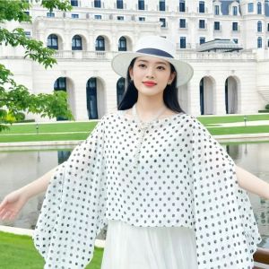 Mùa Hè Mới Chân Váy Voan in Họa Tiết Cổ Tròn Quần Áo Du Lịch Chụp Ảnh Thời Trang Đa Năng Quần Áo Mỏng Chống Nắng