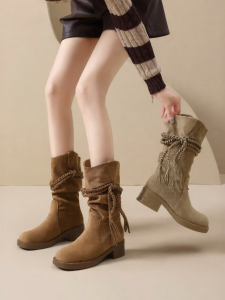 Josiny | Retro Wasteland Fringe Knight Boots Mid-calf Heel Boot