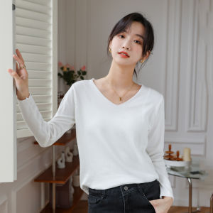 miiow | Loose V-Neck Long Sleeve Knitted T-Shirt Womens Korean Style Base Shirt Soft Comfortable Polyester Blend Autumn New Arrival