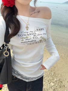 White Lace Long Sleeve T-Shirt Womens Fashion Spring New Style Shoulder Bared Slim Fit High End Feeling Commute Style Korean Version