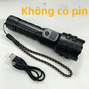 Đèn Pin LED Siêu Sáng 2026 Mới Zoom Được 6000M Sạc USB Dùng Cho Ngoài Trời Cắm Trại Đi Bộ Đường Dài Khẩn Cấp Thân Nhôm Đen