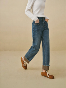 INMAN | Retro Fleece Hem Straight Jeans with Stretch and Slimming Effect