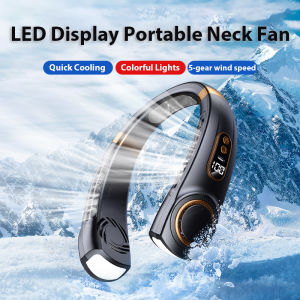 Portable Neck Fan USB Handheld LED Digital Display 5th Gear Wind Mini Electric Fan With Colorful Atmosphere Lights for Camping