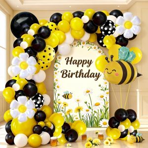 103-Piece Bee-Themed Birthday Balloon Arch Set - Daisy Flower Balloons Paired with Black Yellow and White Polka Dot Balloons Happy Birthday Decorations Suitable for Spring Childrens Birthday Party Supplies