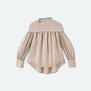 Early Autumn Womens Knit Woven Patchwork Pleated High Neck Shirt