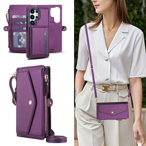 Vỏ đựng thẻ cho Samsung S25 Ultra kèm dây dây đeo chéo vỏ bọc khe cắm thẻ Ốp điện thoại di động vỏ bọc bằng da nắp gập kèm đồ đựng thẻ vỏ bọc dây thừng cho Samsung Galaxy S25 Plus S24 Ultra S23 FE S22 Ultra S21 Plus S20 FE s25edge s24u MP