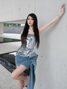 ChiclyNana สไตล์อเมริกัน เผ็ด เด็กผู้หญิง เดนิม มินิ กระโปรง เสื้อกั๊ก ดอกไม้สามมิติสูง เอว ฤดูร้อน พันรอบ กระโปรงสั้น