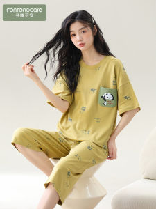 Fenteng Care Pure Cotton Summer Sleepwear Short Sleeve Seven-Piece Pants Thin Model Womens Home Clothes Cartoon Print Outerwear