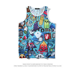 Summer Thin Ice Silk Sweat Vest Men Women Casual round Neck Sports Fitness Shoulder Print Sleeveless Hooded Youth Polyester Spandex