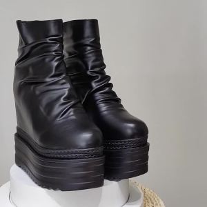 Gdgydh Womens Chelsea Boots Zip Black Creeper Platform Wedge Heels Sponge Cake Muffin Inside Fashion Pleated Ankle Boots Height