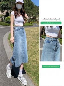 กระโปรงยีนส์สั้นเอวสูงทรงเอสีอ่อน ฤดูร้อน 2025 กระโปรงทรงเอยาวปานกลางสำหรับผู้หญิง กระโปรงทรงเอเอวสูงแบบมีซิป