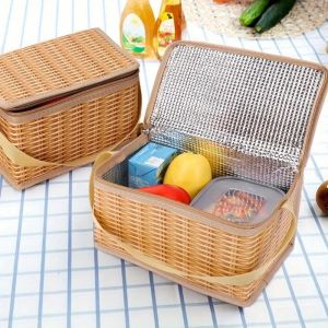 1pc Portable Wicker Rattan Food Container Basket Insulation Bag Lunch Box Picnic Bag for Outdoor Camping