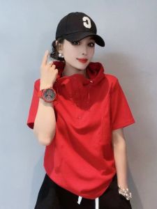 Pure Cotton Trendy T-Shirt New Style Thin Hooded Spliced Loose Solid Color Versatile Age-Defying Belly-Covering Top for Women
