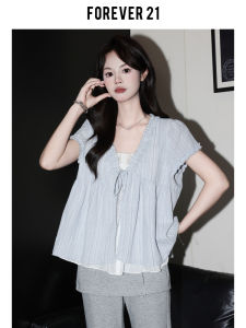 Forever21 French Style V-Neck Short Sleeve Shirt Women Summer Unique Lace Trim Loose Top Casual Loose Fit Stripe Pattern