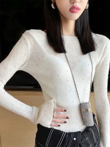 QINGNAER | Heavily Embellished Sparkly See-Through Thin Flared Sleeve Top