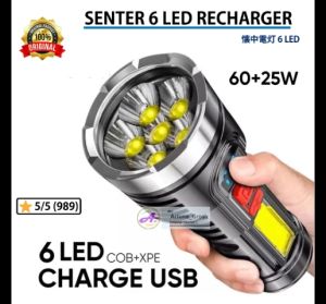 SENTER LED 6 MATA 60 + 25 WATT SUPER TERANG SENTER CAS USB
