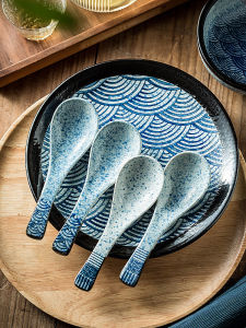 Retro High Aesthetic Ceramic Rice Spoon Soup Bowl Set Home Commercial Use Utensils Small Spoon for Eating And Drinking Soup