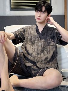 Mens Summer Sleepwear Pure Cotton Short Sleeve Open Cardigan Casual Set Loose Home Clothes V-neck Home Suit Youth Style