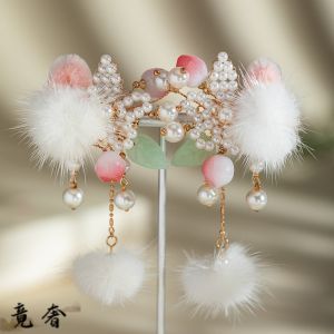 Adorable Fairy-Tailored Hair Clips with Furry Tassels And Pearls for Girls Traditional Chinese Style Hair Accessories for All Seasons