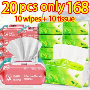 20PCS baby wipes and tissue bundle Combo Unscented baby wipes 10 packs 80 sheet tissue and wipes set Facial tissue paper towel