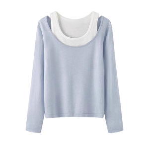 chaqi | Unique Womens Long Sleeve Slim Fit T-Shirt Ultra Cute Dopaamine Top Sun Protection Cover Up Fake Two Piece Summer New Arrival