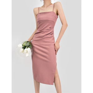 Double Z ชุดเดรสสายเดี่ยวสีดำสำหรับสาวแซ่บกระโปรงรัดสะโพกเก็บเอวจับจีบดูแพงใส่ช่วงฤดูใบไม้ผลิและฤดูร้อนสำหรับผู้หญิงกระโปรงสั้นสีดำตัวเล็ก