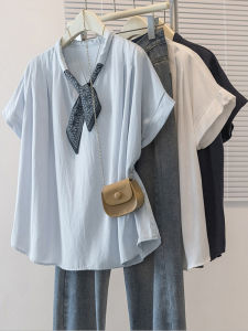 AIYITI | New Best-Selling Korean Style Scarf Neck Plus Size Hides Fat Blue Summer Shirt