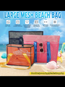 Mesh Beach Bag Large Tote Bag Foldable Swimming Pool Bag for Family 9 Pockets Storage Bag for Toys Cruise Swim Vacation Essentials