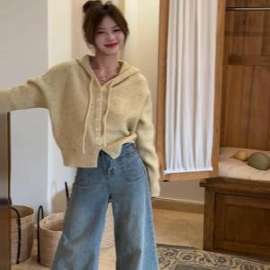 Preppy Style Yellow Hooded Knit Cardigan Womens Autumn Korean Wear Fancy Short Small Coat Tops