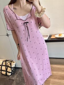 Sweet Butterfly Knot Short Sleeve Sleep Dress Womens Summer Thin Modal Home Clothes Chest Pad Integrated Mid-Length Home Gown