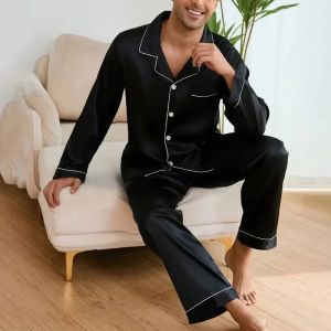 Mens Satin Pajama Set Linter Lapel Collar Long Sleeve Tops & Pants Sleepwear Button Down Loungewear Autumn Pyjama For Man