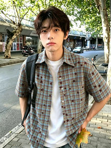 American Vintage Star Print Check Short Sleeve Shirt for Summer