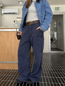 Vintage American Bamboo Work Pants Loose Straight Leg Cotton Jeans Men Women Wide Leg Street Multi Pocket Pure Cotton Pants