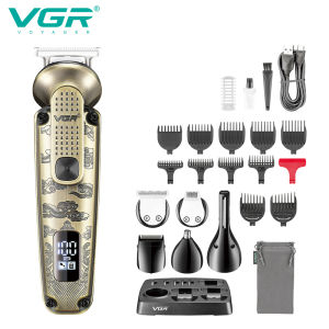 VGR | Máy Cắt Tóc Kim Loại Cổ Điển VGR 6 Trong 1 Với Màn Hình LED Máy Cắt Tóc Hiệu Suất Cao Dùng Cho Gia Đình Và Salon - Bao Gồm Máy Cắt Lông Mũi Tai Và Râu