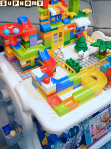Multifunctional Building Bricks Table 4 in 1 Kids Block Table And Chair With Bookshelves And Drawing Boards Bricks Toy
