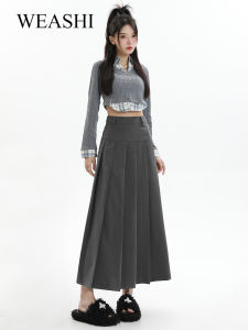 Gray High Waist Pleated Midi Skirt Womens 2025 Autumn New Design College Style A-Line Skirt Korean Version Commute Style